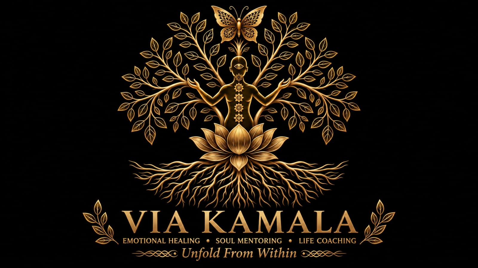 VIA KAMALA golden Tree of Life logo with lotus, roots and butterfly
